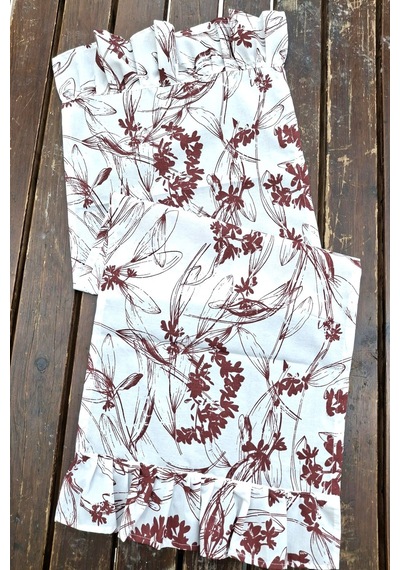 Bordo Çiçekli Pileli Runner - Dekoratif Runner - Keten Pileli Runner 40x110cm Renkli
