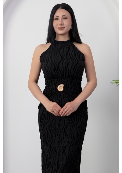 Kalopya Halter Yaka Beli Tokalı Bağlamalı Elbise Grs4023 SIYAH