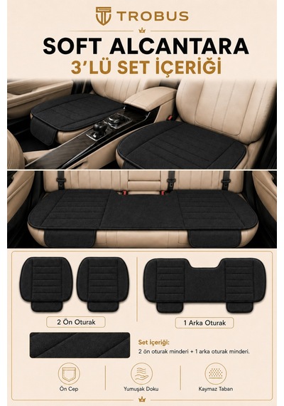 Opel Combo Üniversal Soft Alkantra Çizgili 3 Parça Oto Koltuk Minderi Siyah