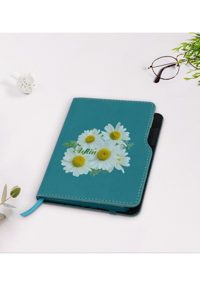 Kişiye Özel Papatya Temalı Turkuaz Termo Deri Defter-12