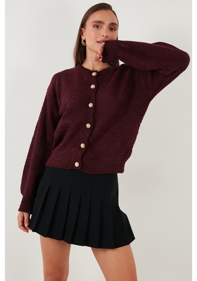 Lela Premium Regular Fit Bisiklet Yaka Yumuşak Dokulu Bayan Hırka 680Hi00147 Bordo