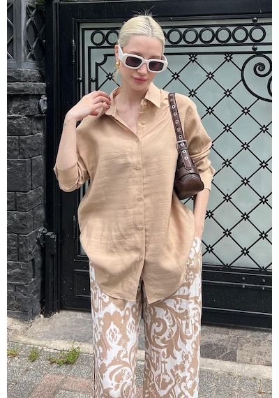 Madmext Bej Uzun Kollu Oversize Gömlek Mg2003-bej Bej