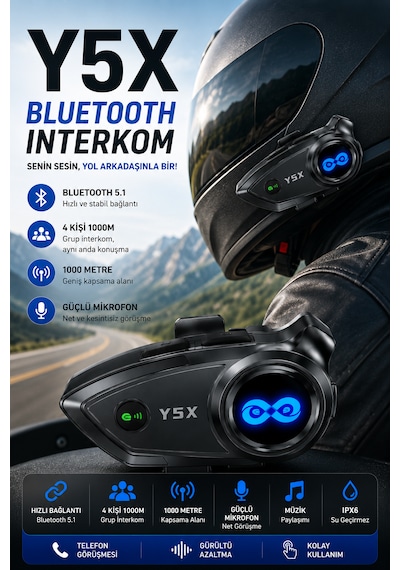 Y5x Bluetooth Kask Kulaklığı 1000 Metre İnterkom 4 Kişi Grup Konuşma Müzik Paylaşımı Mikrofonlu Motosiklet Kulaklığı