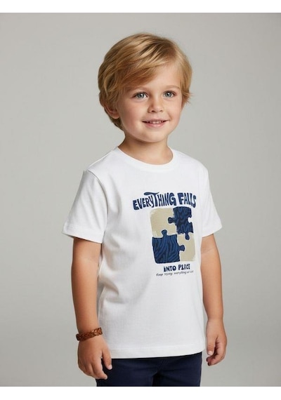 Zekids Erkek Bebek Yapboz Baskılı Pamuklu Kısa Kollu T-shirt-16930 Beyaz