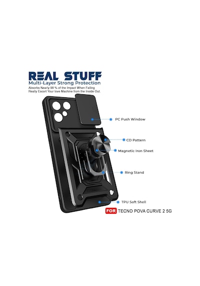 Teleplus Tecno Pova Curve 2 Kılıf Magnetik Standlı Kamera Korumalı Slide Sürgülü Cover Kapak Siyah