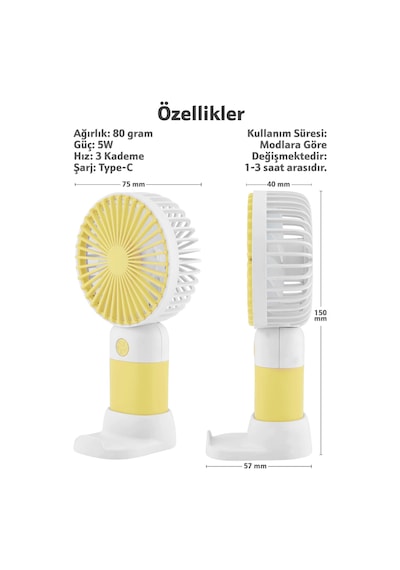 Standlı 3 Mod Şarjlı El Fanı 5 Kademe Seyahat Masaüstü Vantilatör Taşınabilir Mini Fan Sarı F139