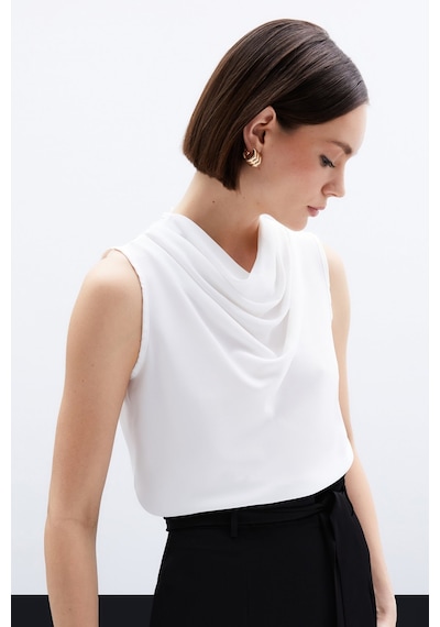 Sateen Degaje Yaka Kolsuz Bluz - Ekru