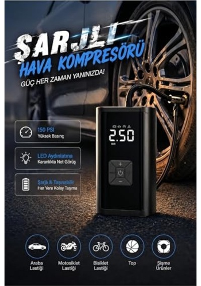 150 Psı Şarjlı Hava Kompresörü 4500mah Lcd Ekranlı Taşınabilir Lastik Şişirme Hava Pompası Powerbank