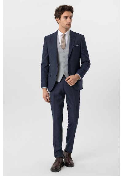 Süvari Lacivert Slim Fit Desenli Sivri Yaka 6 Drop Yelekli Klasik Takım Elbise