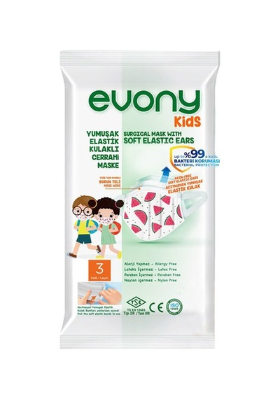 Evony Yumuşak Elastik Kulaklı 3 Katlı Telli Cerrahi Maske Kids Çocuk 10'lu X 16 Adet