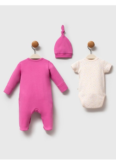 Moi Noi Baby Moi Noi 3lü Şapkalı Baskılı Tulum - Fusya Fuşya