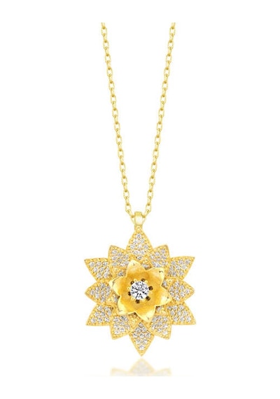 Gümüş Gold Beyaz Taşlı Lotus Çiçeği Kadın Kolye Gold