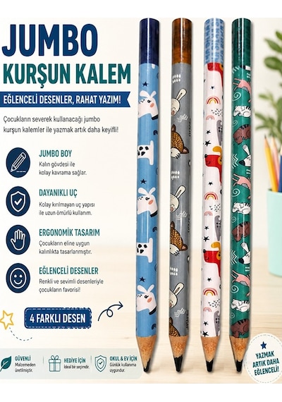 Jumbo Kurşun Kalem 4 Adet Silka 1519 Hayvanlı Jumbo Kalın Kalem Hb Kolay Tutuş Dereceli Kalem Kurşun Kalem Siyah