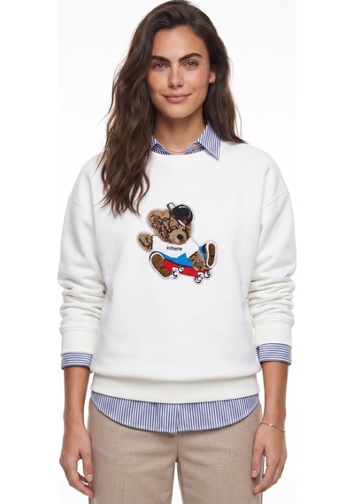 Onloox Kadın Beyaz Beyaz Pamuklu Bisiklet Yaka Salaş Kesim Teddy Nakış İşlemeli Uzun Kollu Sweatshirt Onloox Kadın Beyaz Beyaz Pamuklu Bisiklet Yaka Salaş Kesim Teddy Nakış İşlemeli Uzun Kollu Sweatshirt