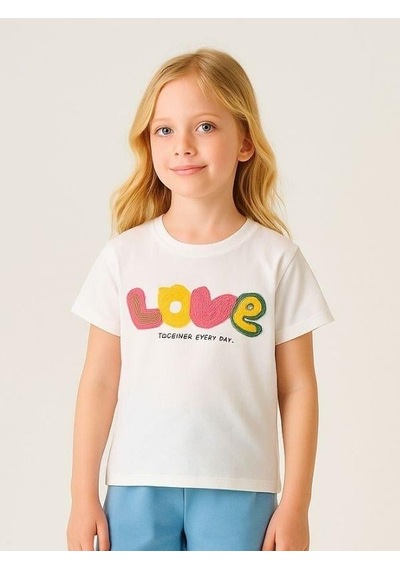 Cicihlid Kız Çocuk Pamuklu Punch İşlemeli Love T-shirt-15890 Ekru