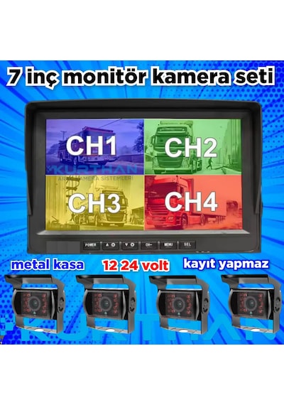 Kayıtsız 7 İnç Monitör 4 Adet Metal Kasa Kamera 12 24 Volt