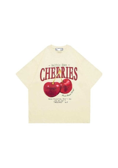 Noıssey Bej Red Cherries Baskılı Oversize Unisex