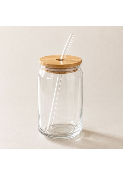 Bk Gift Bambu Kapaklı Pipetli 540 Ml Cam Bardak, Iced Coffee Ve Soğuk İçecek Bardağı