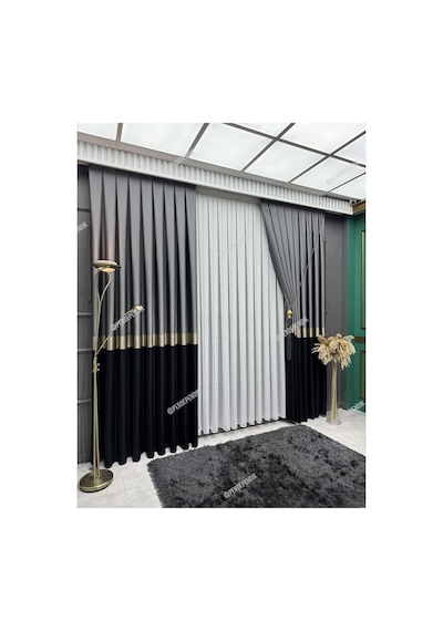 Pano Fon Perde,elegans Seri Azra Desen Siyah Gold Gri Siyah Gold Gri