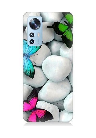 Xiaomi 12 Uyumlu Mavi Yeşil Pembe Kelebekler Ve Beyaz Taşlar Desenli Silikon Kılıf
