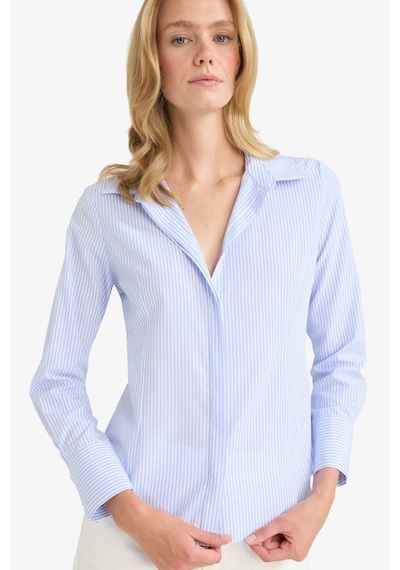 Defacto Fitted Çizgili Poplin Uzun Kollu Gömlek D3172AX24AU Mavi