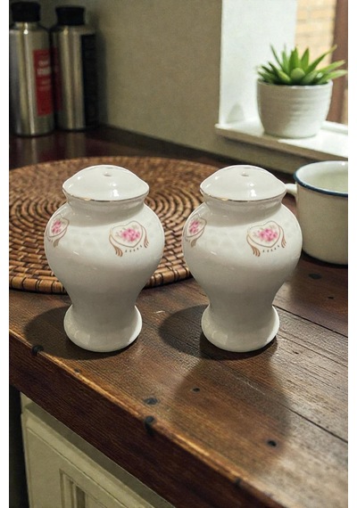 2 Li Lale Porselen Yaldızlı Tuzluk Biberlik 120ml Beyaz