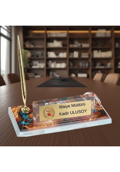 Kişiye Özel İtfaiye Logolu Kristal Masa İsimliği - Saatli Kalemli Lüks İtfaiyeci Hediyesi Çok Renkli