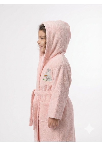 Softify Premium 350 Gsm %100 Pamuk Kapüşonlu Çocuk Bornozu Hızlı Emici Güvenli Kemerli - Happy Bunny Açık Pembe - Pembe