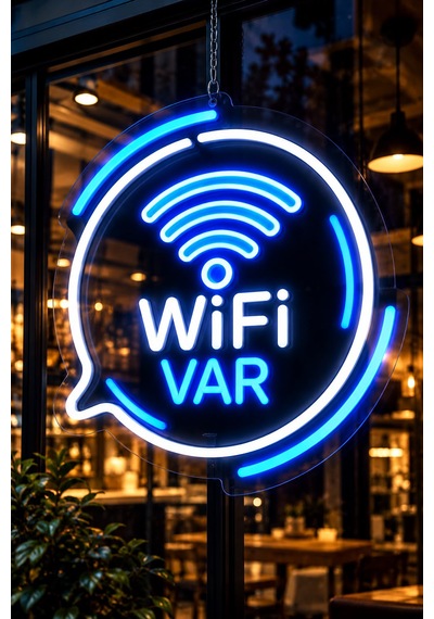 Wifi Var Led Neon Tabela 60x30 Cm Mavi Beyaz Işıklı Pleksi Vitrin Tabelası