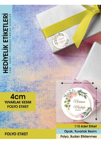 Suluboya Çiçek Modeli 3, Etiket Modeli Ürünlerinize Özel 4cm - 110 Adet Folyo Sticker Renkli