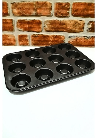 Yanmaz Yapışmaz Borulu 12 Li Teflon Muffin Kek Kalıbı Siyah