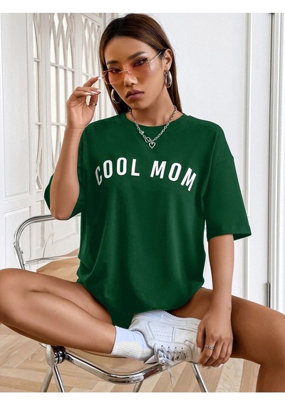 Cool Mom T-shirt - Yeşil Baskılı Oversize Bisiklet Yaka Kısa Kol Tişört Yeşil