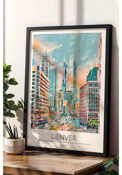 Abd Denver Temalı Çerçeveli Tablo Travel Serisi Modern İllüstrasyon Şehir Duvar Dekoru Siyah