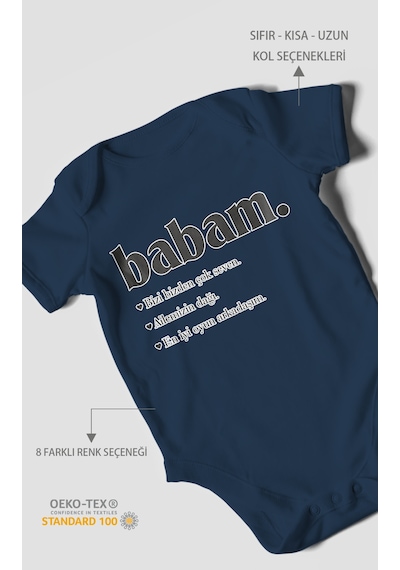 Babam Baskılı Bebek Zıbını Çıtçıtlı Body 8 Renk %100 Pamuk Kısa Kol Lacivert