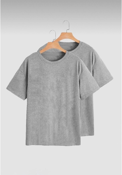Basic Düz 2'li Çoklu Kombin T-shirt - Gri Oversize Bisiklet Yaka Gri