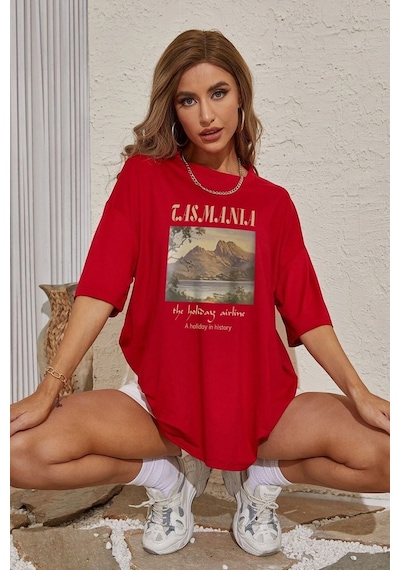 Unisex Tasmania Baskılı Tasarım Tshirt Kırmızı
