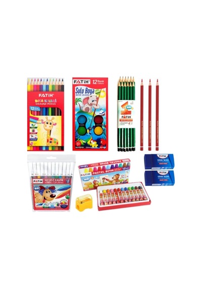 Fatih Okul Kırtasiye Seti, 12 Renk Kuru Boya Kalemi, Sulu Boya, Pastel Boya, Keçeli Kalem, Kurşun Kalem Ve Silgi