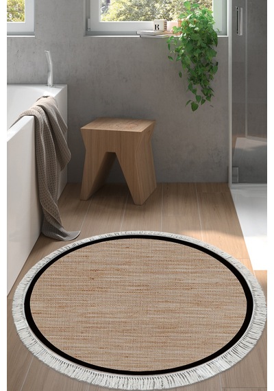 Dekoreko Kaymaz Taban Djt Banyo Mutfak Salon Halı Trend Saçaklı Yuvarlak Dokuma Desen E5001 Kahve Bej