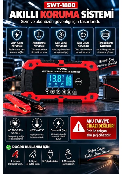 Tr Akıllı Dijital Akü Şarj Cihazı 12v 10a, 2ah-200ah Akü Uyumlu, Lcd Ekranlı, Pulse Repair, Kış Yaz Modu, Agm L