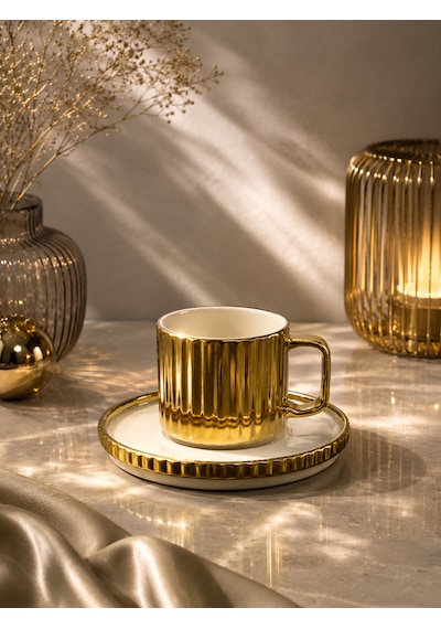 2 Kişilik Porselen Çizgili Modern Kahve Fincanı Takımı Seti 100ml Gold