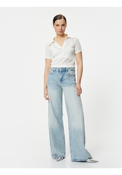 Koton Crop File Tişört Polo Yaka Kısa Kollu Beyaz 4sak50489ek Beyaz