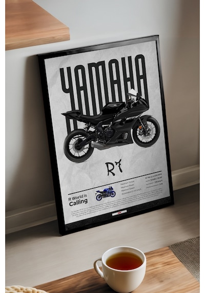Yamaha R7 Siyah Ahşap Çerçeveli Poster, Dekoratif Motosiklet Duvar Tablosu