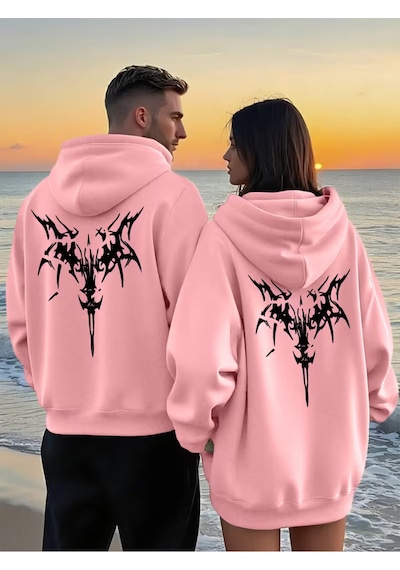 Nevermind Sevgili Çift Kombin Trend Baskılı Kapüşonlu Sweatshirt 2li Set Ta Pembe