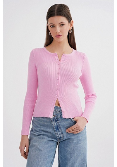 Hiccup Mixray Düğmeli Slim Fit Yivli Örgü Hırka Toz Pembe