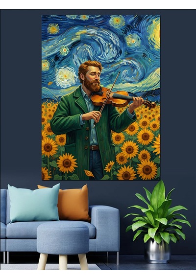 Ahşap Tablo Van Gogh Tarzı Yıldızlı Gecede Ayçiçek Tarlasındaki Kemancı Adam