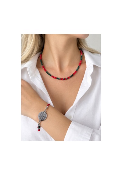 İkili Set, Kırmızı Yeşil Kristal Kolye Ve Yaşam Çiçeği Bileklik Kırmızı Kırmızı