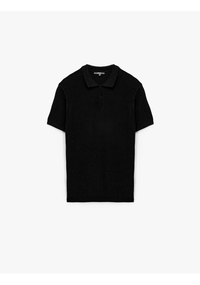Koton Regular Fit Kısa Kollu Pamuklu Dokulu Düğmeli Polo Yaka Triko Tişört Siyah 7wam70044ht
