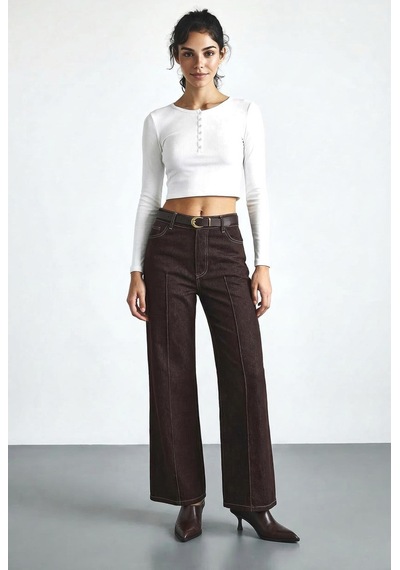 Shade Kadın Kemerli Likralı Geniş Paça Denim Pantolon 3289 60286059 - Acı Kahve Acı Kahverengi