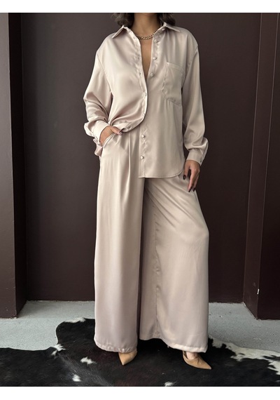 Verymoda Yüksek Bel Bol Paça Saten Pantolon Şık Ve Rahat Tasarım F2052 Taş