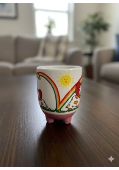 İnek Kupa 08 El Yapımı 3d Krem Parlak Kupa - El Yapımı Seramik Kupa Açık Ahşap